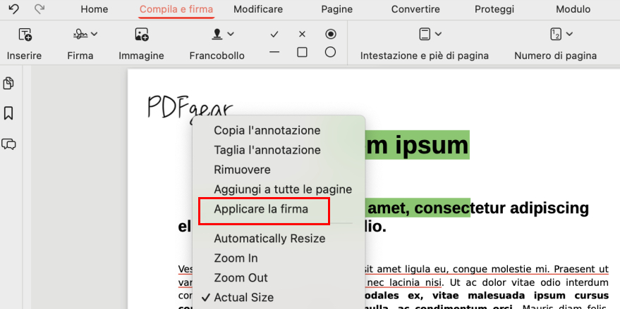 Applica la tua firma su un PDF su Mac con PDFgear