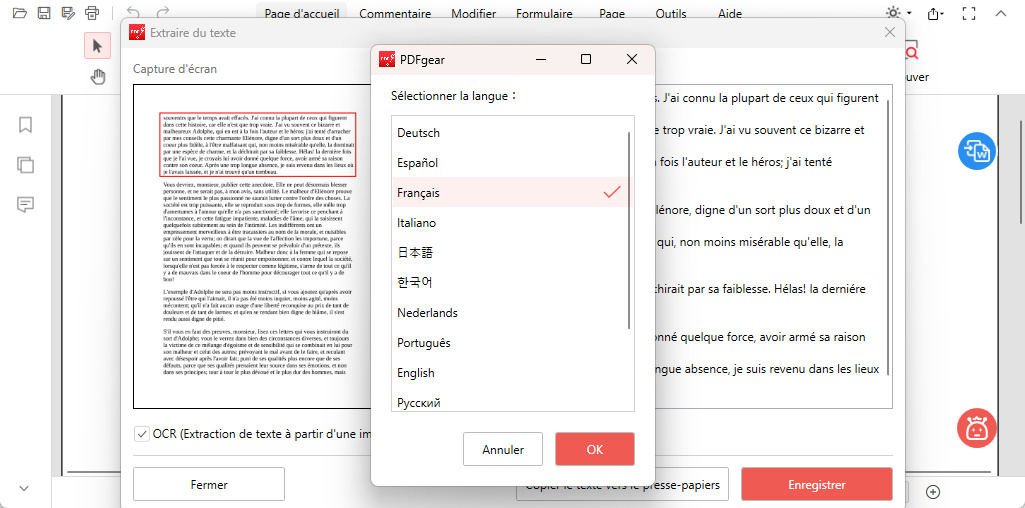 Choisir la langue d'extraction du texte