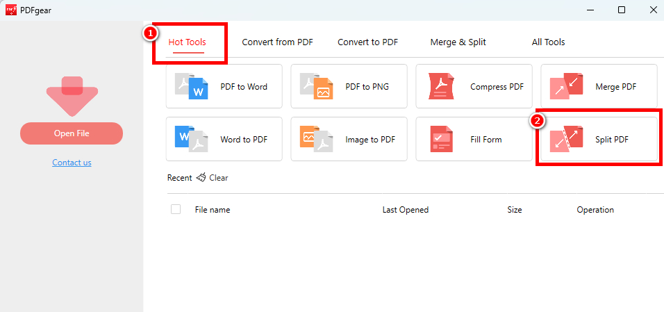 Choose Split PDF Tool in PDFgear