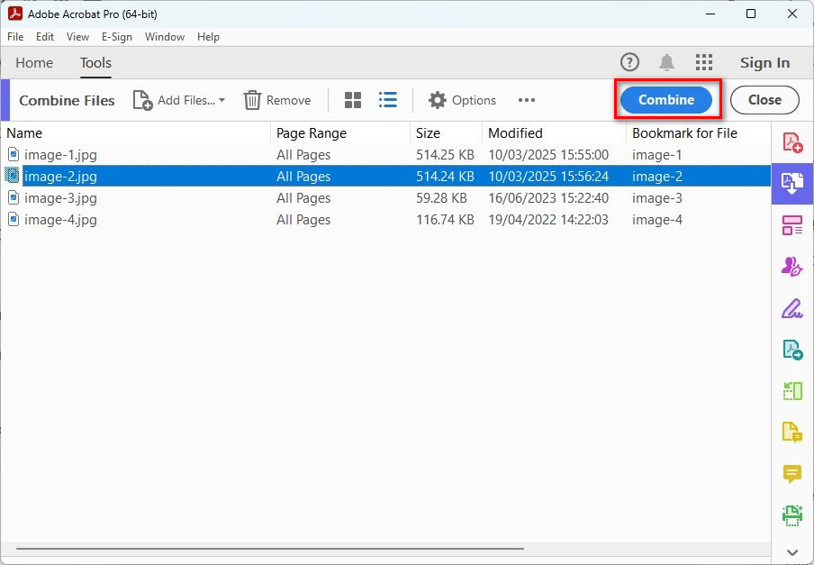 Combine JPEGs into a PDF with Adobe