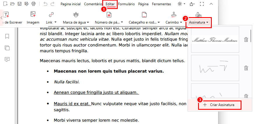 Escolha a opção Criar Assinatura no PDFgear