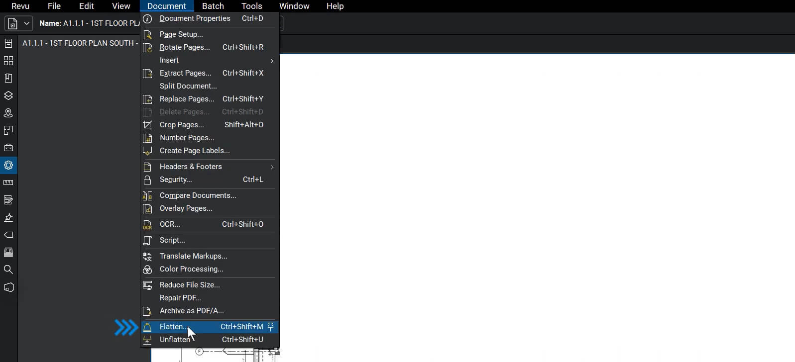 Go to Bluebeam Flatten Menu