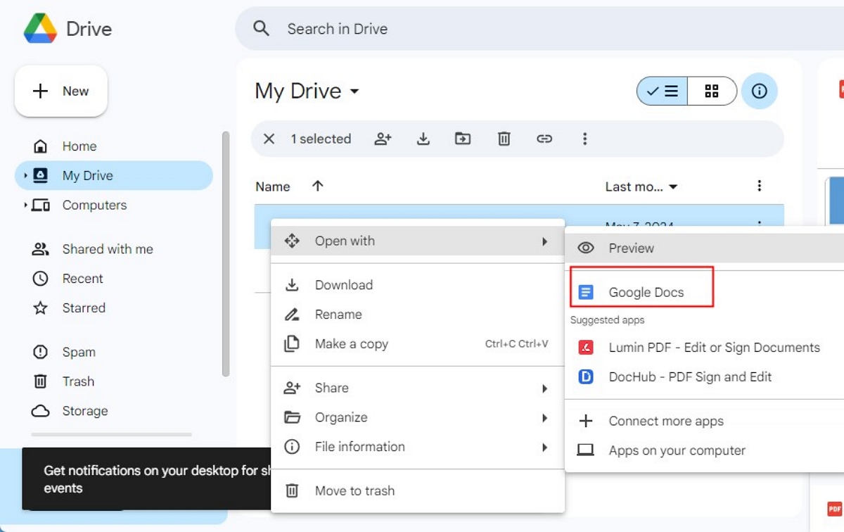 Ouvrir le PDF avec Google Docs