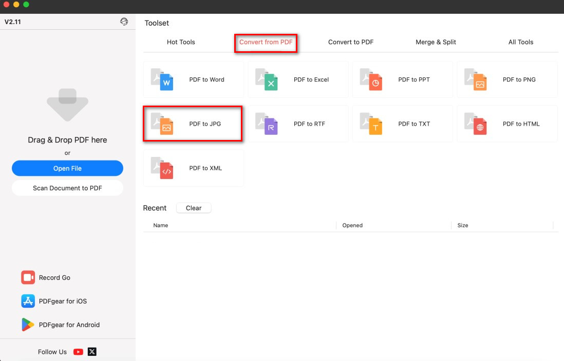 Open PDFgear PDF to JPG Tool