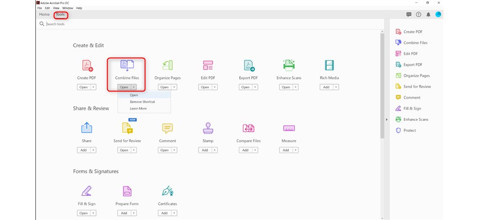 Ouvrir l'outil Fichiers combinés dans Adobe