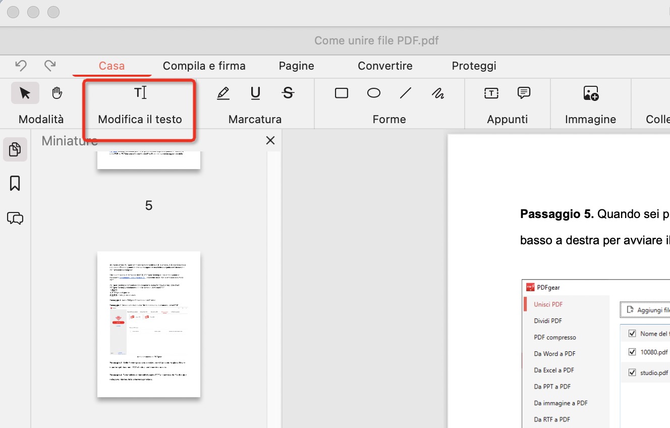 Passare a Modifica testo nella barra degli strumenti