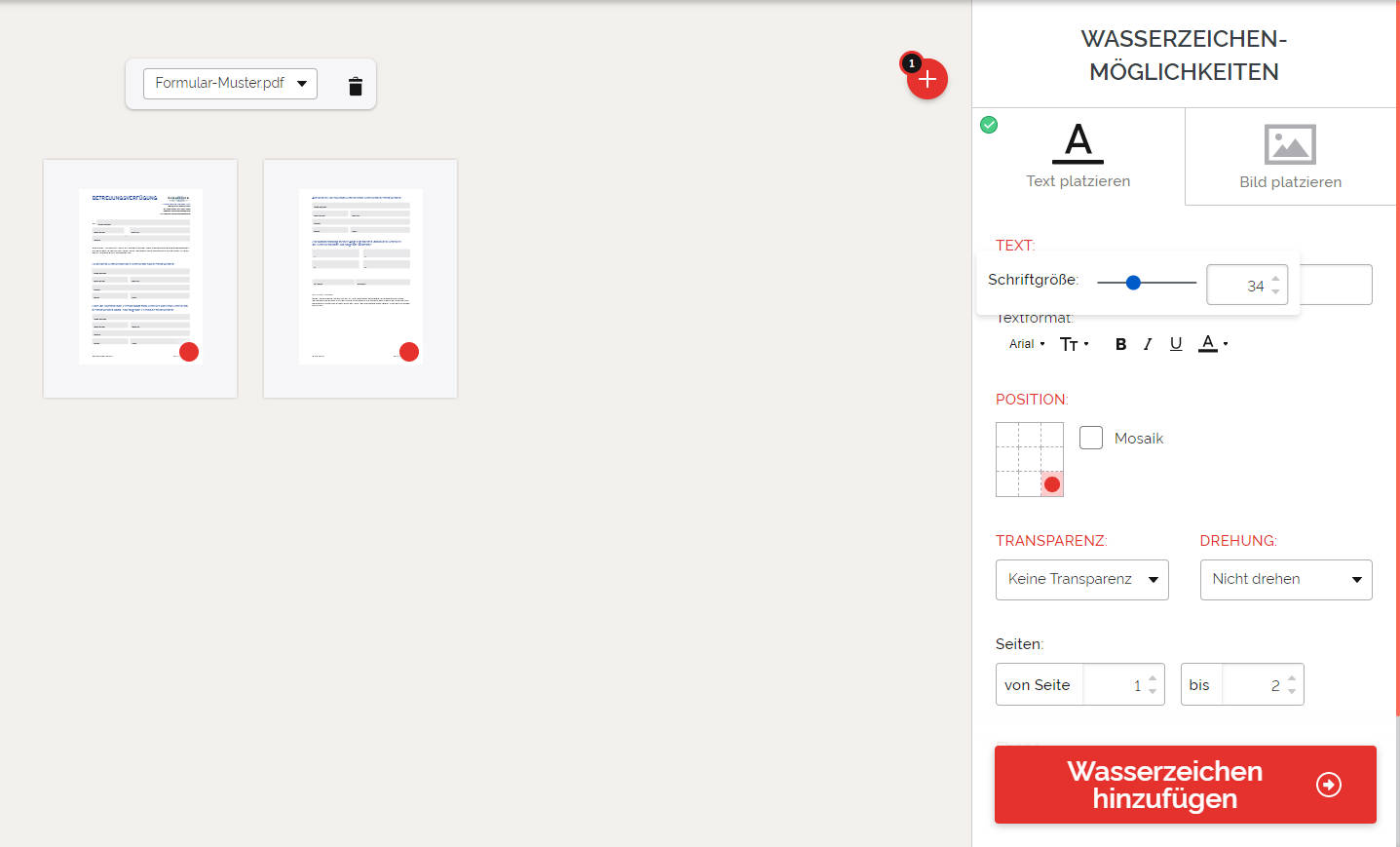 wasserzeichenmöglichkeit bei ilovepdf